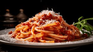 A steaming plate of Pasta all'amatriciana amidst the bustling ambiance of Piazza Navona and Campo de’ Fiori