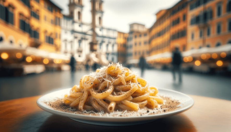 Cacio e Pepe on a trendy plate, with Pigneto's eclectic street art and bustling cafes in the background