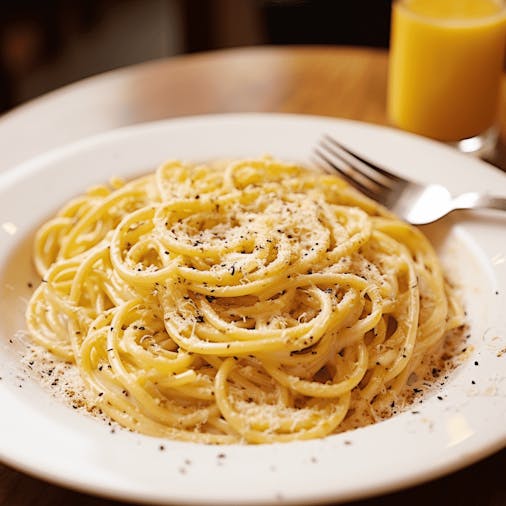 A plate of Cacio e Pepe set against the bustling, traditional backdrop of Rome's Testaccio district