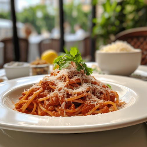 A steaming plate of Pasta all'Amatriciana, rich with tomato sauce and guanciale