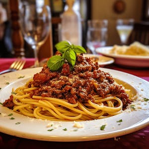 A plate of savory spaghetti bolognese in a cozy Trastevere eatery