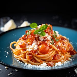 A steaming plate of Pasta all'amatriciana with a backdrop of Centro Storico's charming streets