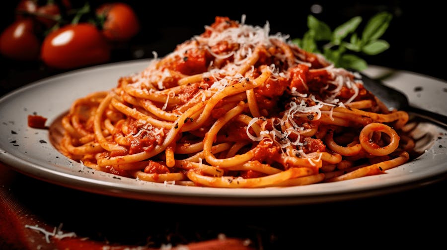 Aromatic Pasta all'amatriciana served in the vibrant and historic Monti neighborhood of Rome