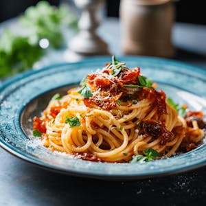 A plate of rich Pasta all'amatriciana in the charming neighborhood of Trastevere