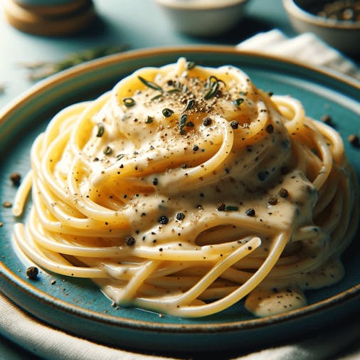 Elegant plate of Cacio e Pepe with Prati's stylish streets and eateries in the background