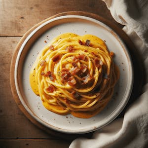 A creamy, perfectly cooked plate of Carbonara, garnished with freshly grated cheese and black pepper