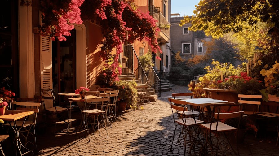 Cobbled streets of Trastevere with vibrant buildings and outdoor cafes