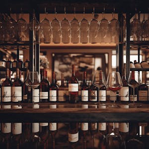 A glass of fine wine with Rome's skyline in the background