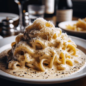 A dish of Roman Cacio e Pepe with a chosen wine pairing