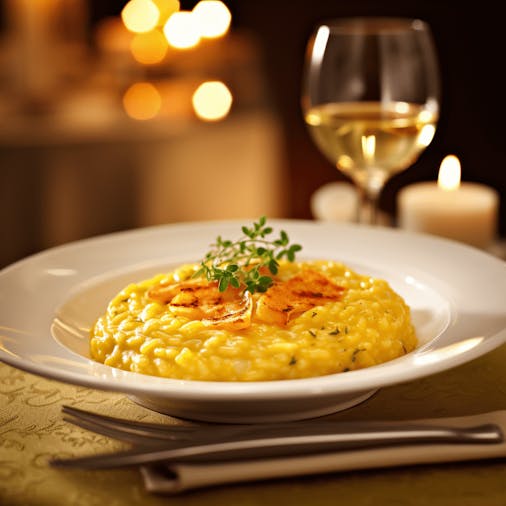A bowl of Risotto with a complementary wine glass
